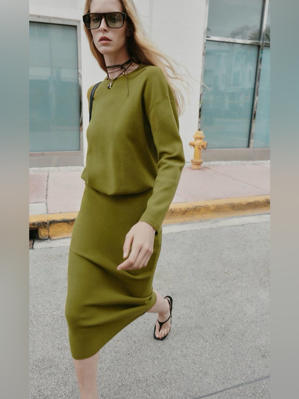 Zara Olive Knit Midi Skirt  in Green
